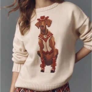 Anthropologie Cream Sweater with Western Dog Intarsia